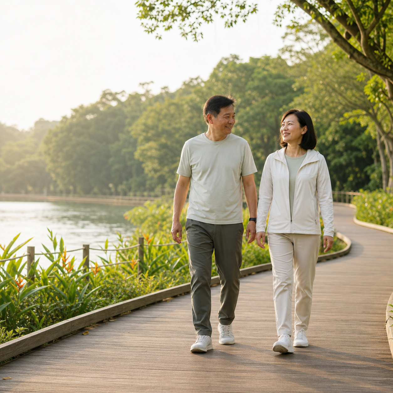 Singaporean Chinese couple enjoying an easy morning walk along a gently curving reservoir boardwalk