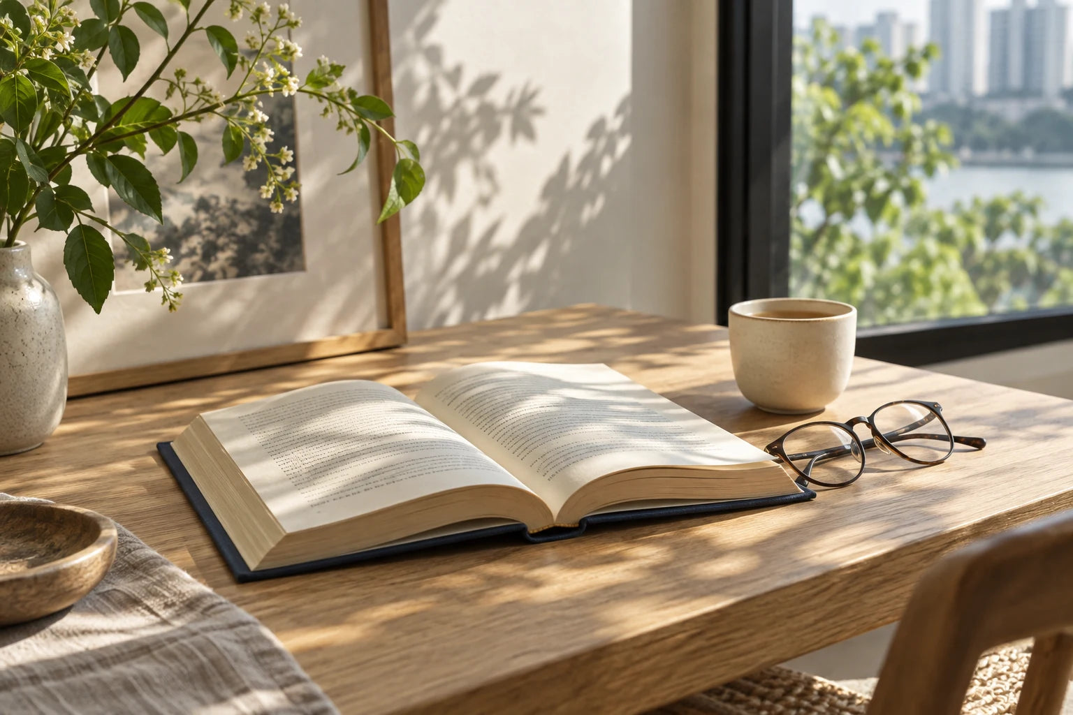 A quiet reading corner with a book and warm natural light