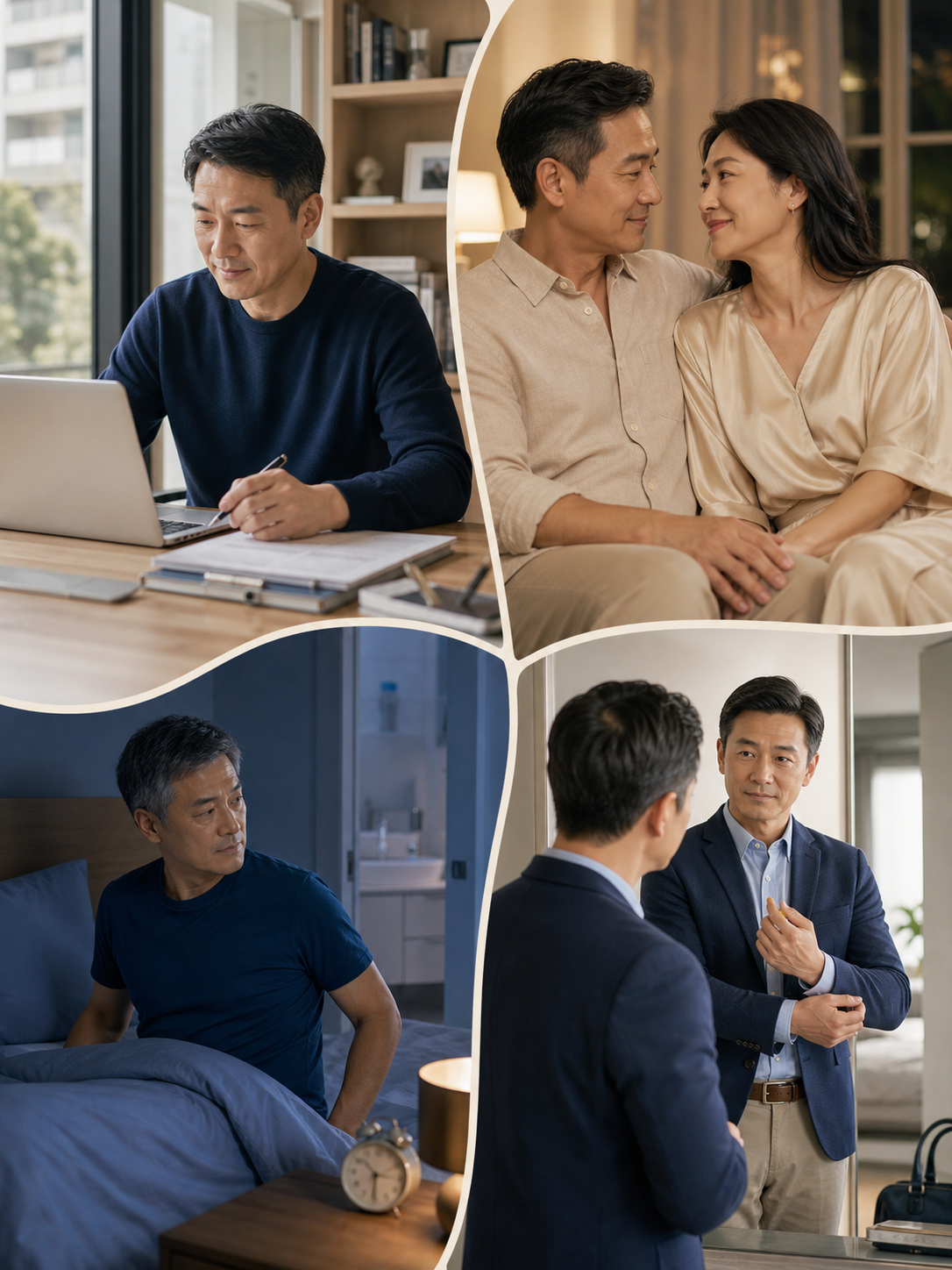 四个成熟男性日常时刻，分别代表雄液补品四个保养方向