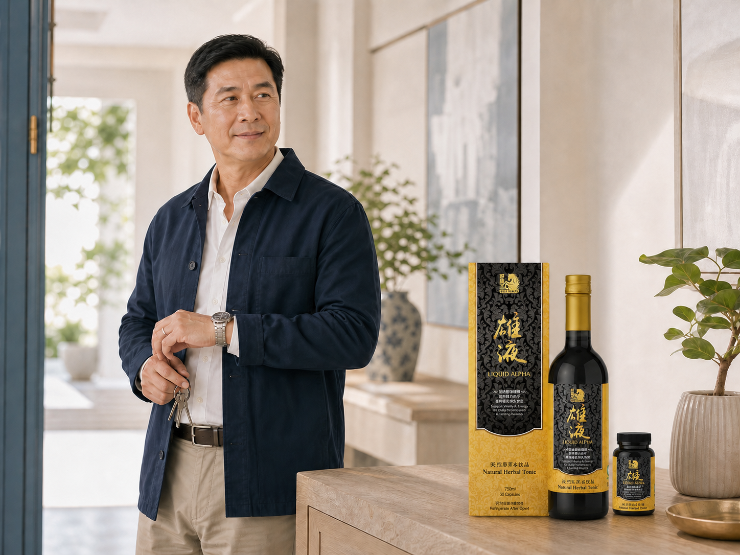 成熟男士在明亮家中，身旁摆放完整雄液补品产品组合