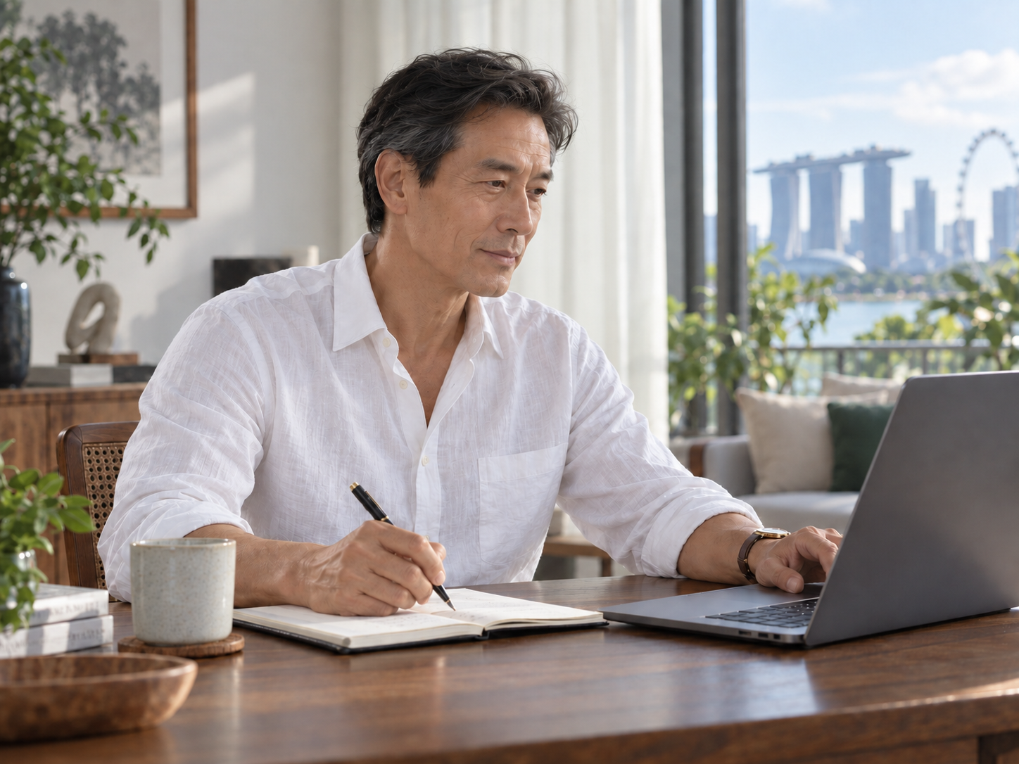 A mature man focused on his daily activities