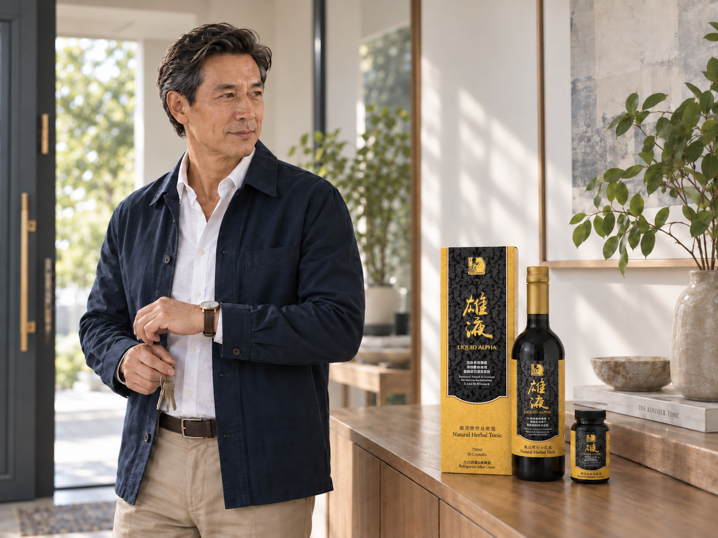 A mature man heading out with relaxed confidence