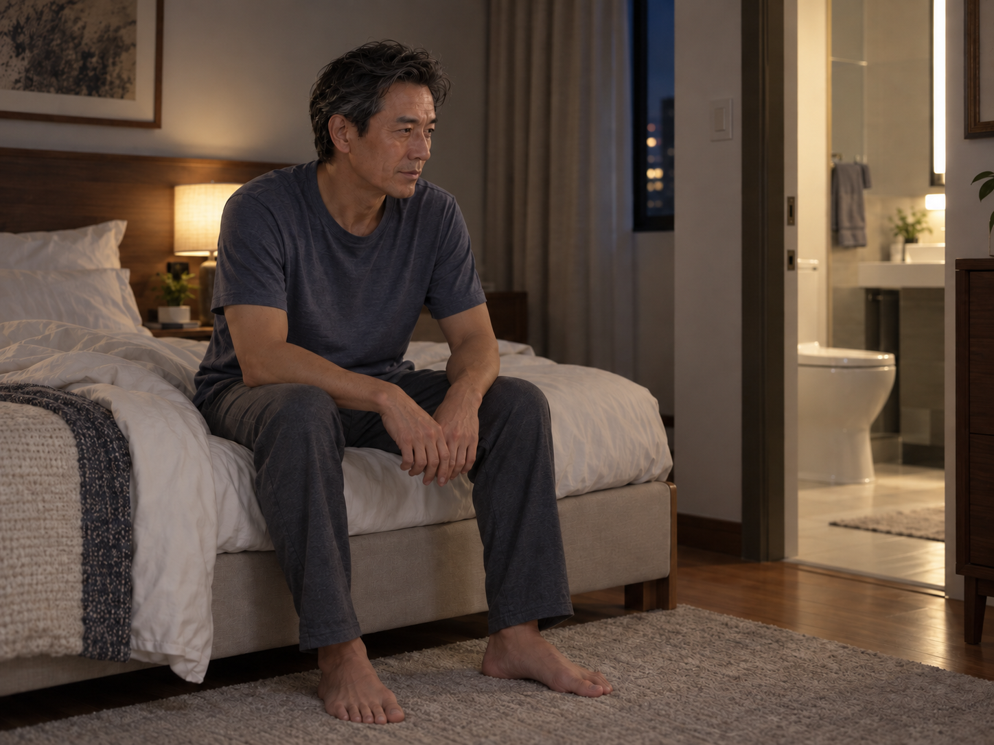 A mature man awake beside his bed with a bathroom visible
