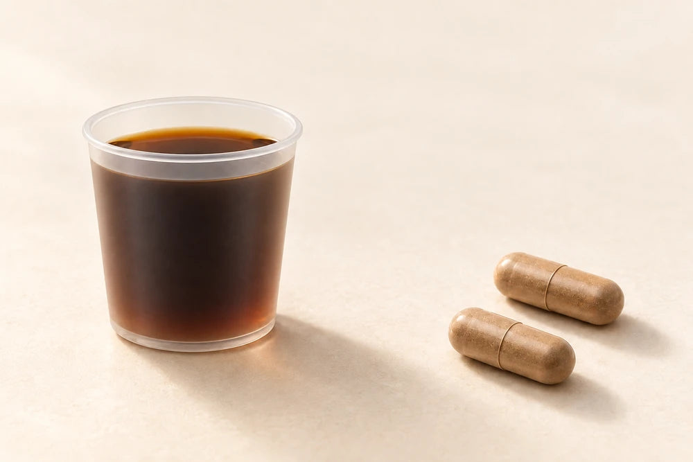 One small cup of dark herbal tonic beside exactly two light-brown capsules, illustrating one daily serving.
